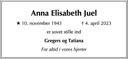 Dødsannoncen for Anna Elisabeth Juel - Hellerup