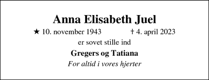 Dødsannoncen for Anna Elisabeth Juel - Hellerup