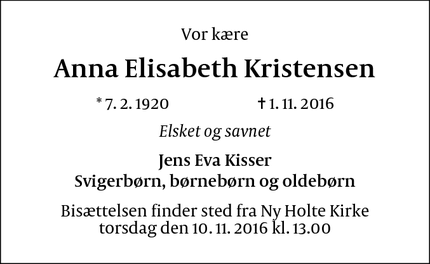 Dødsannoncen for Anna Elisabeth Kristensen - Holte
