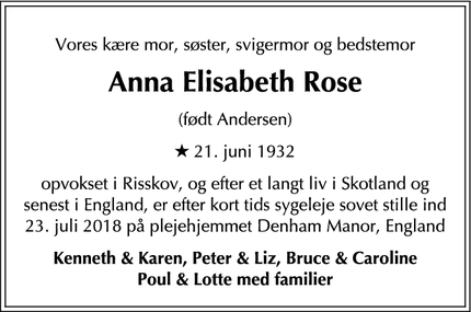 Dødsannoncen for Anna Elisabeth Rose - Denham, Uxbridge, England