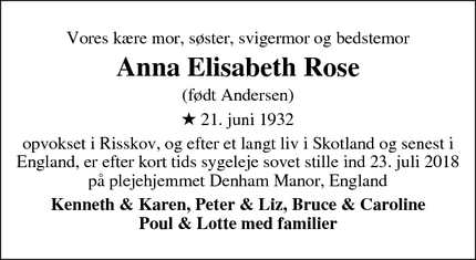 Dødsannoncen for Anna Elisabeth Rose - Denham, Uxbridge, England