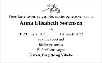 Dødsannoncen for Anna Elisabeth Sørensen - Esbjerg