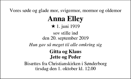 Dødsannoncen for Anna Elley - Sønderborg