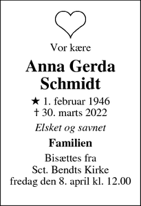 Dødsannoncen for Anna Gerda
Schmidt - Ringsted