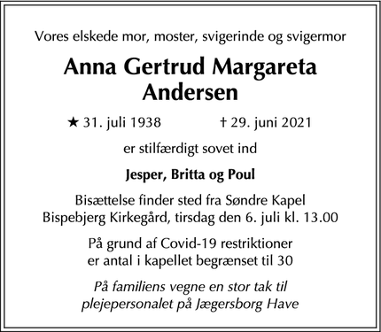 Dødsannoncen for Anna Gertrud Margareta Andersen - København K