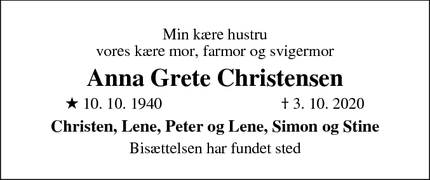 Dødsannoncen for Anna Grete Christensen - Rødekro