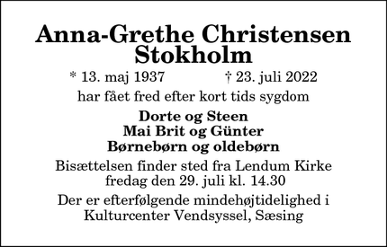 Dødsannoncen for Anna-Grethe Christensen Stokholm - Lendum