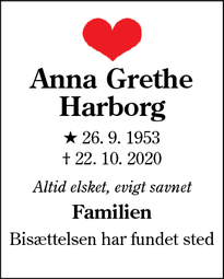Dødsannoncen for Anna Grethe Harborg - København / Oksbøl