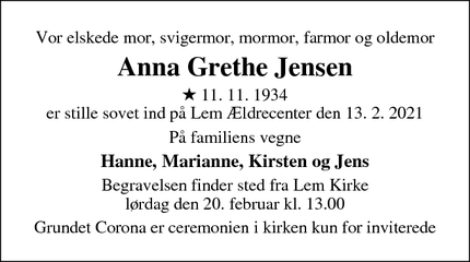 Dødsannoncen for Anna Grethe Jensen - Fredericia