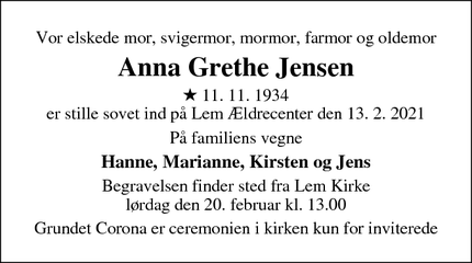 Dødsannoncen for Anna Grethe Jensen - Fredericia
