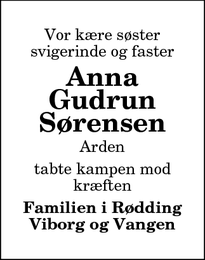 Dødsannoncen for Anna Gudrun Sørensen - 9510 Arden
