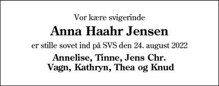 Dødsannoncen for Anna Haahr Jensen - Esbjerg