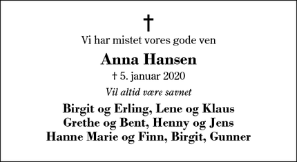 Dødsannoncen for Anna Hansen - Haderup