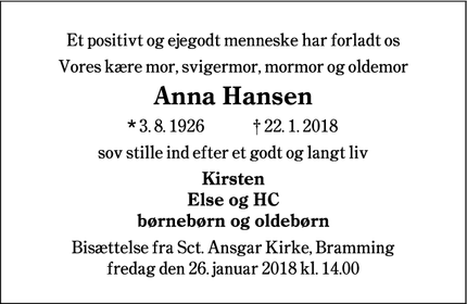 Dødsannoncen for Anna Hansen - Bramming