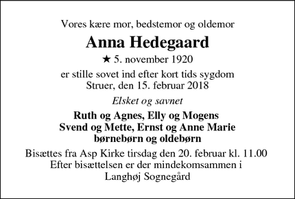 Dødsannoncen for Anna Hedegaard - Linde