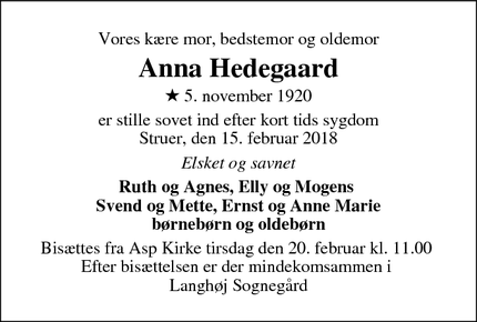 Dødsannoncen for Anna Hedegaard - Linde