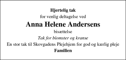 Dødsannoncen for Anna Helene Andersens - Middelfart