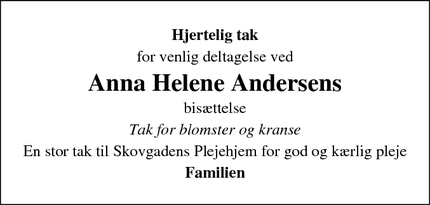 Dødsannoncen for Anna Helene Andersens - Middelfart