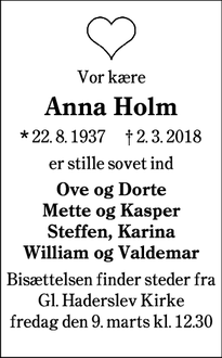 Dødsannoncen for Anna Holm  - Haderslev