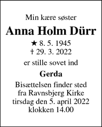 Dødsannoncen for Anna Holm Dürr - Hammel