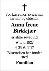 Dødsannoncen for Anna Irene Birkkjær - Herning