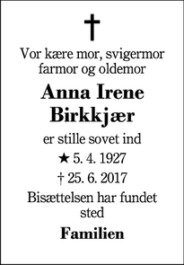 Dødsannoncen for Anna Irene Birkkjær - Herning