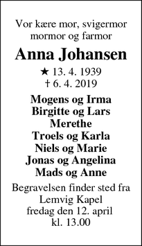 Dødsannoncen for Anna Johansen - Lemvig