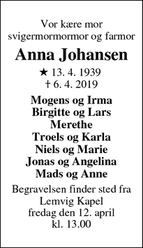 Dødsannoncen for Anna Johansen - Lemvig