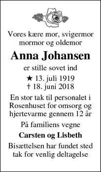 Dødsannoncen for Anna Johansen - SLAGELSE