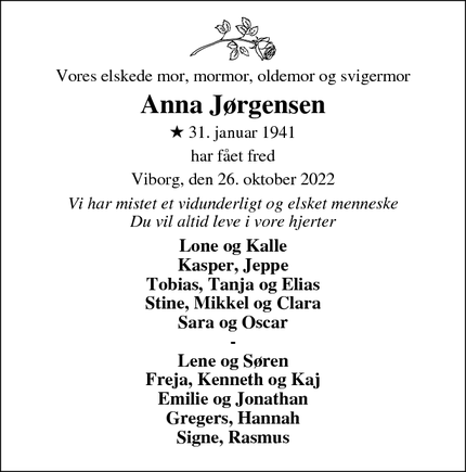Dødsannoncen for Anna Jørgensen - Viborg