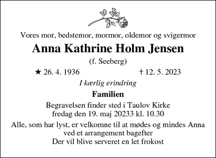 Dødsannoncen for Anna Kathrine Holm Jensen - Fredericia