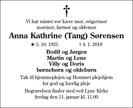 Dødsannoncen for Anna Kathrine (Tang) Sørensen - Lyne, 6880 Tarm