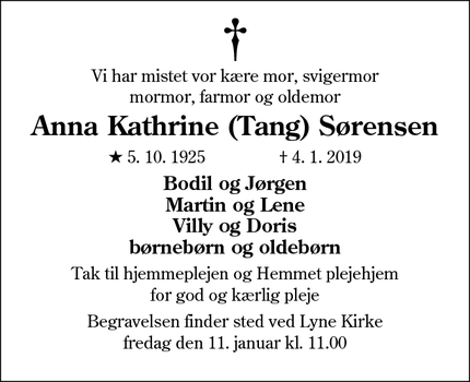 Dødsannoncen for Anna Kathrine (Tang) Sørensen - Lyne, 6880 Tarm