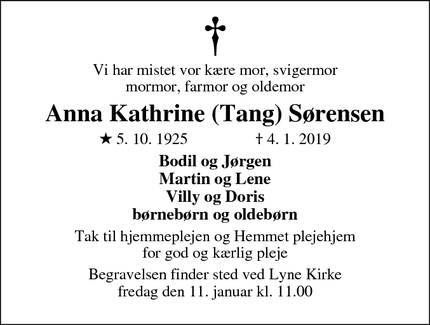 Dødsannoncen for Anna Kathrine (Tang) Sørensen - Lyne, 6880 Tarm