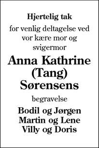 Taksigelsen for Anna Kathrine (Tang)
Sørensens  - Bjerringbro