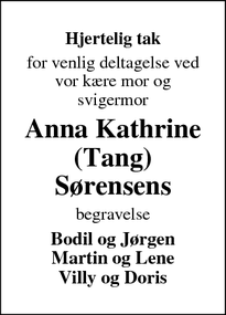 Taksigelsen for Anna Kathrine (Tang)
Sørensens  - Bjerringbro