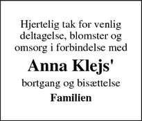 Dødsannoncen for Anna Klejs' - Grenå