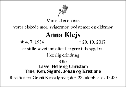 Dødsannoncen for Anna Klejs - Grenå