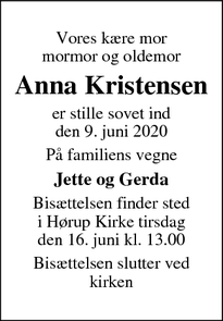 Dødsannoncen for Anna Kristensen - Kjellerup