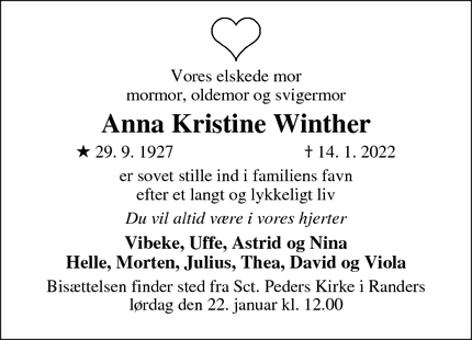 Dødsannoncen for Anna Kristine Winther - Randers