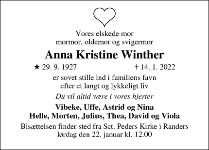 Dødsannoncen for Anna Kristine Winther - Randers