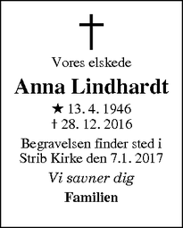 Dødsannoncen for Anna Lindhardt - Middelfart