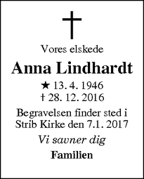 Dødsannoncen for Anna Lindhardt - Middelfart