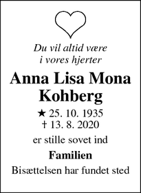 Dødsannoncen for Anna Lisa Mona Kohberg - Haderslev