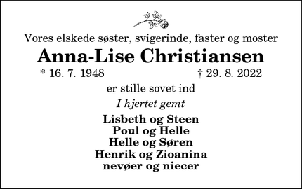 Dødsannoncen for Anna-Lise Christiansen - Hjørring