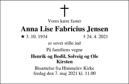 Dødsannoncen for Anna Lise Fabricius Jensen - Roskilde