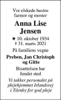 Dødsannoncen for Anna Lise Jensen - København S