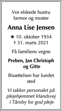 Dødsannoncen for Anna Lise Jensen - København S