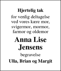 Taksigelsen for Anna Lise Jensens - Gadstrup