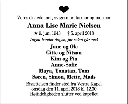 Dødsannoncen for Anna Lise Marie Nielsen - Herning